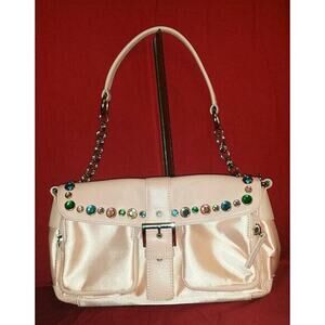 Sondra Roberts New‎ York Pink Peach Clutch w/colored Rhinestones, Buckle, chain